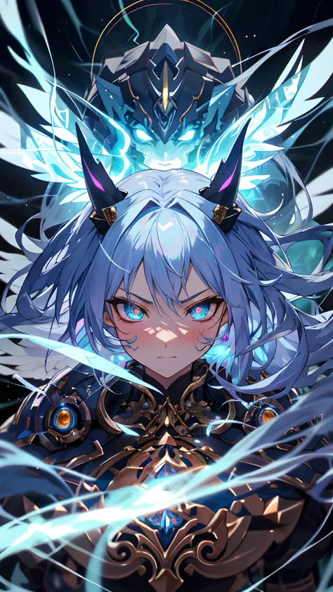 Anime Robot beutiful ice skin golem cat girl magic, aesthetic_eyes, detailed eyes, demon horn, facemask, wings, glowing, random fantasy hair, multicolored hair, body detailed, random very angry face, detailed face, Saenyo Ancalagon Anthropomorphic majestic...