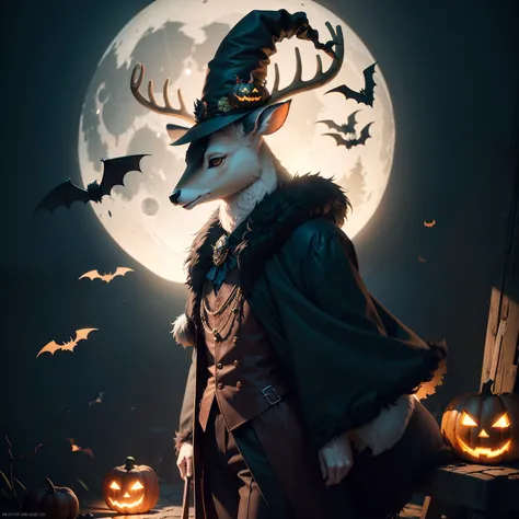 A deer wearing a Halloween hat.，Middle element，（master-piece，bestquality：1.2），Best Lights，best shadows，Show background,  . . . .bat,full big moon, stylized 3d render