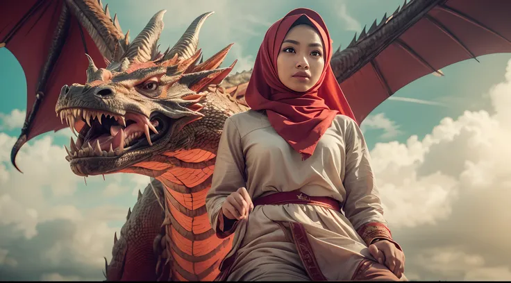 Create a scene where the Malay girl in hijab and malay women traditional attire is riding a majestic, photorealistic dragon through the skies. Shes a dragon tamer in a breathtaking aerial adventure. style raw, 50mm lense, handheld shot camera angle, High C...