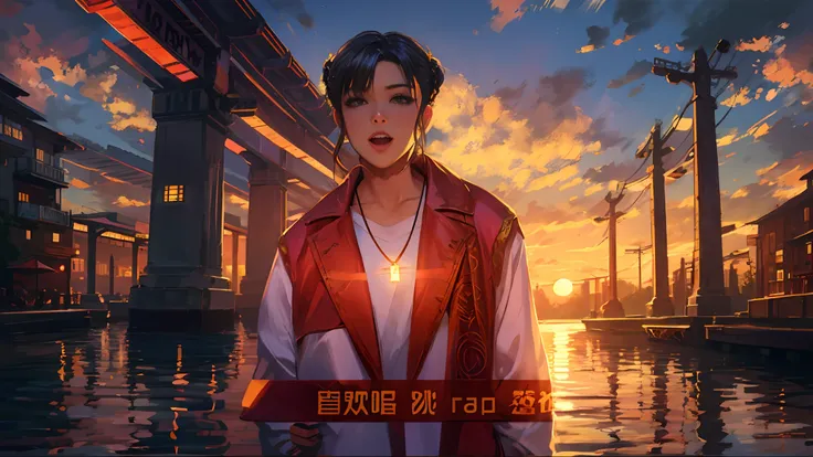 the sunset，eventide，middle parted hairstyle