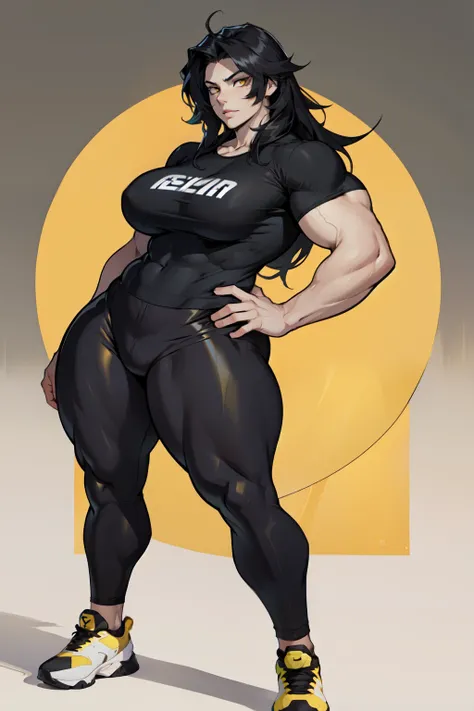 pale skin 1girl muscular toned body curvy huge breasts thick thighs wide hips black hair yellow eyes bodybuilder (tight shirt and pants full body long hair)