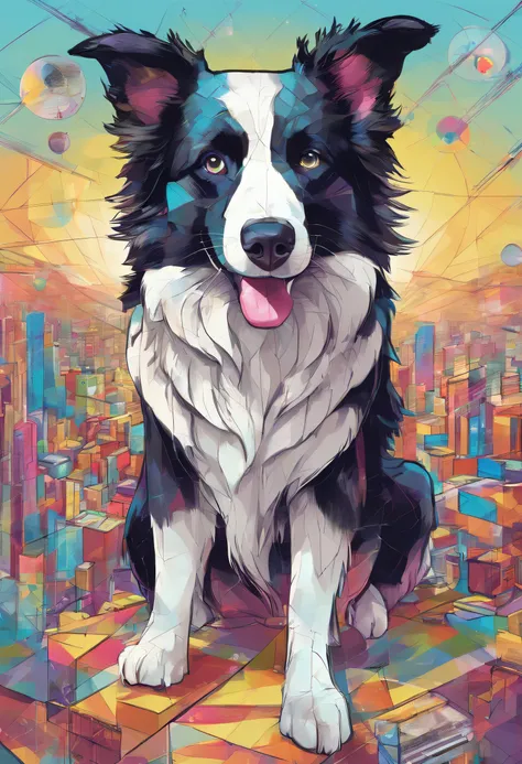 (cachorro border collie),(melhor pose),(best angle), (better expression), Eduardo Kobra acolchoamento ,multidimensional geometric wall PORTRAIT, arte, Chibi,Yang08k, lindo, Colouring,