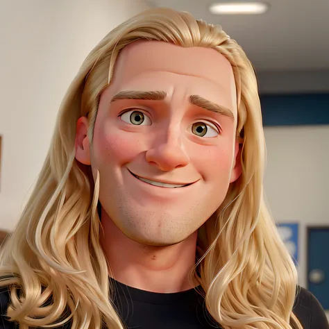 Blonde man with long hair and a black shirt smiling at the camera, foto de um homem branco de 50 anos, estilo pixar