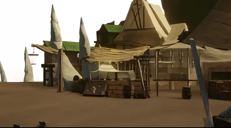 there are many tents and tables in a desert area, fantasy town setting, rpg game environment asset, 2d stylize scene, 2d environment, merchant tents, 2d render stylized, videogame asset, complex 2d scene, pilgrim village setting, game environment, backside...