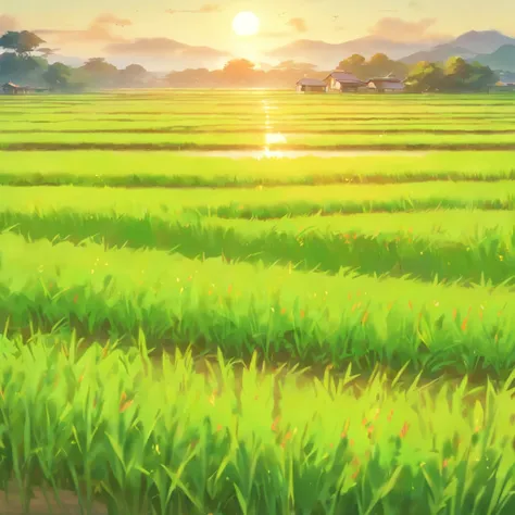 best quality,highres,ultra-fine painting,medium shot view of rice field,beautiful detailed colors,vibrant green,peaceful atmosphere,natural lighting,serene and tranquil mood,subtle wind blowing,realistic scenery,accurate depiction of rice plants,crystal-cl...