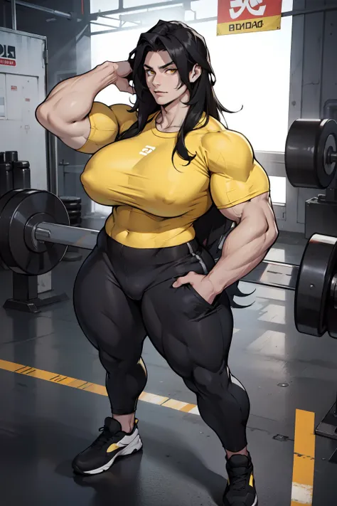 pale skin 1girl muscular toned body huge breasts thick thighs black hair yellow eyes bodybuilder (tight shirt and pants full body long hair)