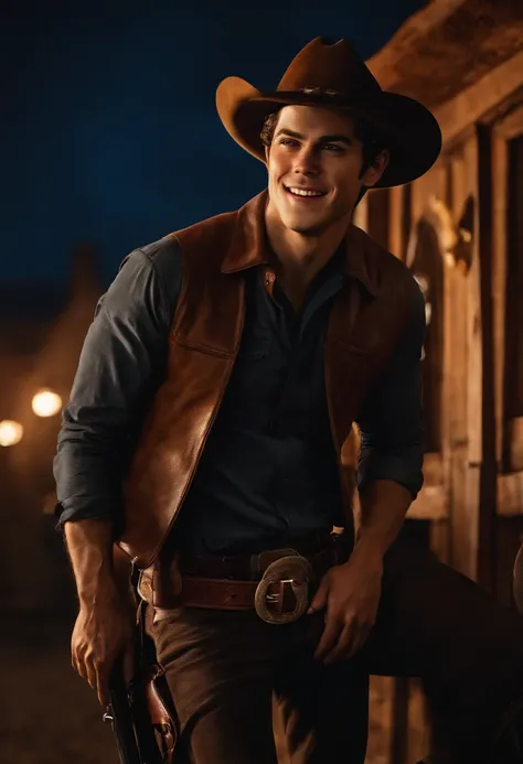 Dylan OBrien, realistic, cowboy, weatern, horse, belt, gun, boots, 4k, cowboy hat, old town, smile