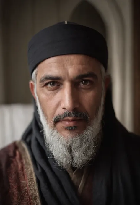 Hyper realistic portrait, Muslim general, sick room, inquiring about his condition, authentic details, dramatic lighting, rich colors, intricate facial features, historical accuracy, emotional depth, Leica camera, black and white, chiaroscuro, f1.4, --ar 3...