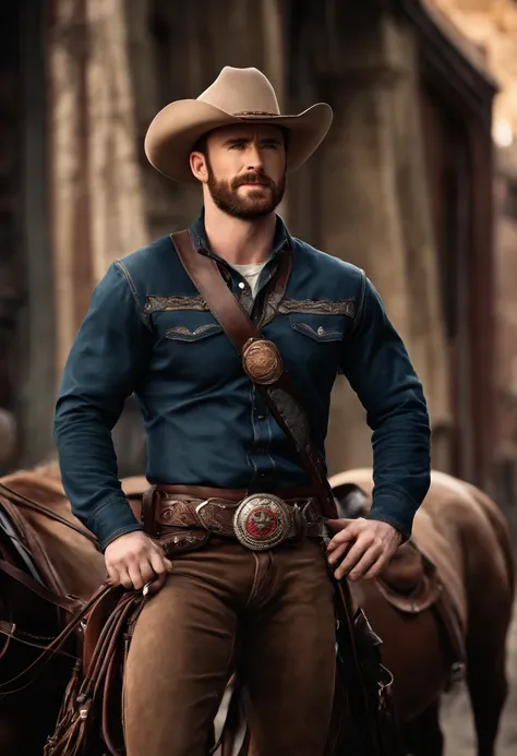 Chris evans, realistic, cowboy, weatern, horse, belt, gun, boots, 4k, cowboy hat, old town, smile