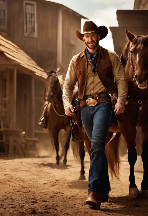 Chris evans, realistic, cowboy, weatern, horse, belt, gun, boots, 4k, cowboy hat, old town, smile