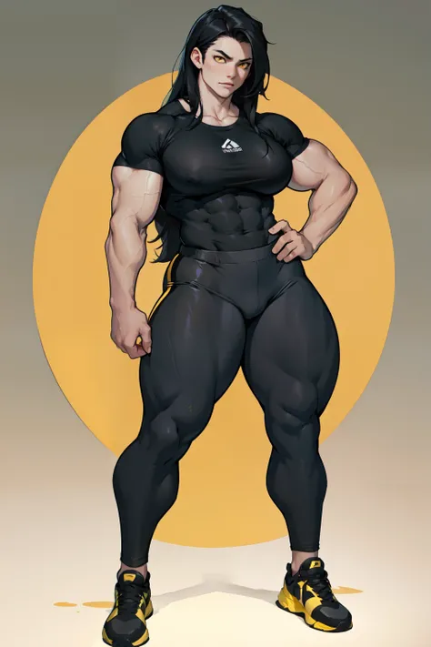 pale skin (1girl) muscular toned body huge breasts thick thighs black hair yellow eyes bodybuilder (tight shirt and pants full body long hair)