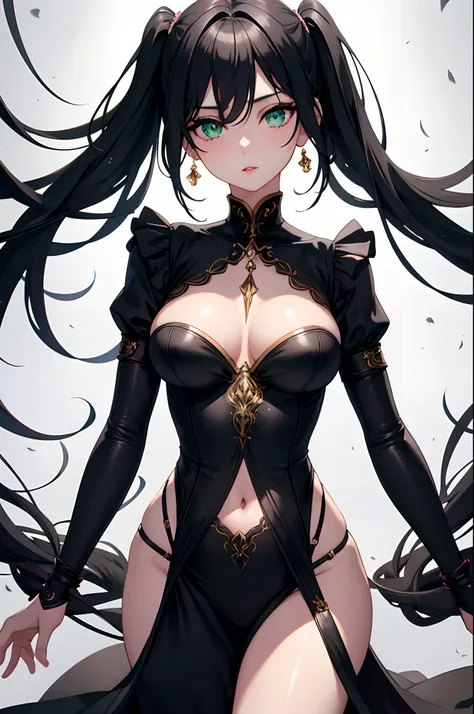 1girl, anime, cute girl, blank background, white background, fantasy, detailed dark fantasy dress with highlights, beautiful face, beautiful eyes, dark colors, black hair, twintails, green eyes, medium breasts, slight cleavage, beautiful skin, cute, breast...