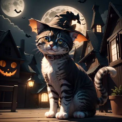 Cute kitten wearing Halloween hat，（master-piece，bestquality：1.2），Best Lights，best shadows，Show background, . . . . .bat,full big moon,Old House,stylized 3d render