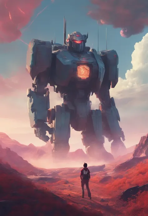 (The future warrior is on the hill，Screaming angrily at the camera），（Theres a huge mecha motor object in the sky，A imagem da Optimus Prime），tv series《base》Leah Harvey， album cover concept art, Jessica Rossier Arte de fantasia, no estilo de beeple, The aura...