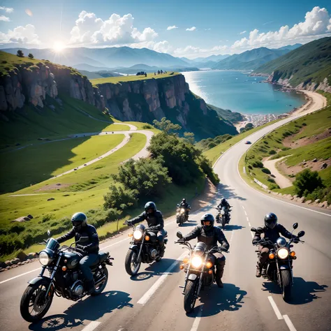 Motorcycle Club Group of motorcyclists going down a winding road between mountains by the sea with their motorcycles. claro, Dia ensolarado com um grande sol refletindo no mar. Motociclistas percorrendo a estrada.