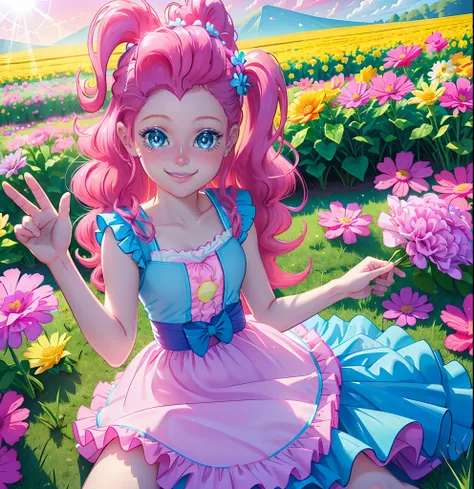 My little pony pinkie pie, pinkie pie, pinkie pie in the form of a girl, long dark pink hair, blue eyes, long pink and blue frilly dress, white frilly thigh high, small pink heels, blue sky, pink clouds, ((sitting in a pink and blue flower field)), staring...