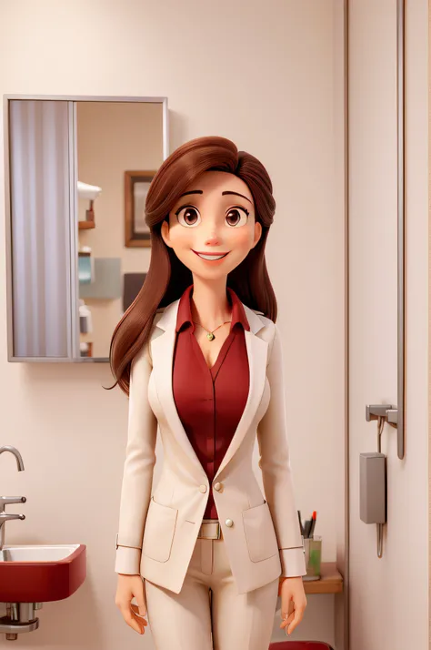 pessoa, medic, mulher, cor de pele dela branca, She is a professional dentist, Shes at the dentists office, medium size brown color straight hair, who wears clothes from a dentists office, elegante, lustre, mesa branca, no fundo da imagem pessoas sorrindo