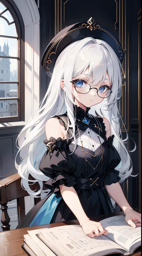 small girl, Long white hair, blue eyes, Black Stylish Glasses, blue dress, fluffy dress, short sleeves, open shoulders, book, sitting at a table, tea, Masterpiece, hiquality, 4k, HD, Good detail