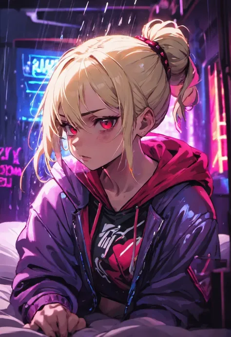 Close-up photos, Confident young cyberpunk woman with blonde and white hair in a bun, Wearing a hoodie with red and blue design, Wet in the rain at night, Photorealistic, Cinematic lighting　Love　Love　a bed　neon light　light coming through the window　neon li...