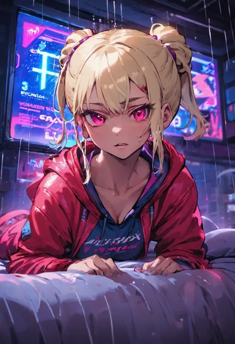 Close-up photos, Confident young cyberpunk woman with blonde and white hair in a bun, Wearing a hoodie with red and blue design, Wet in the rain at night, Photorealistic, Cinematic lighting　Love　Love　a bed　neon light　light coming through the window　neon li...