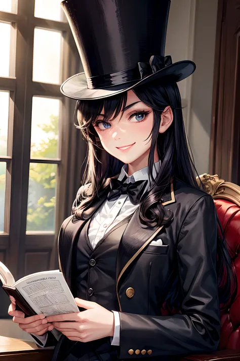 Girl wearing tuxedo, top hat, holding a book, smirking.