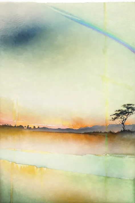 (distant view) (horizon composition) Soft light, like the glow of a rainbow, falls from high in the sky. The countryside is expressed in shadows. (Ink on Japanese paper, which tends to bleed easily)(contemporary art like a picture book) (transparent waterc...