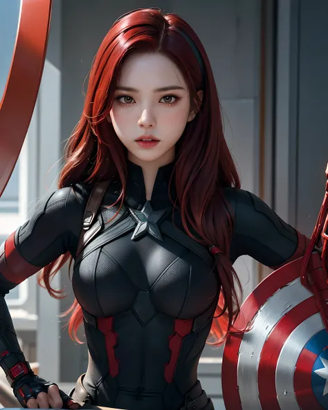 1girl, Masterpiece, Best Quality, 8K, detailed skin texture, detailed cloth texture, Beautiful Detail Face, intricate details, Ultra Detailed, Black Widow in the style of the Captain America, straight red hair, dynamicpose