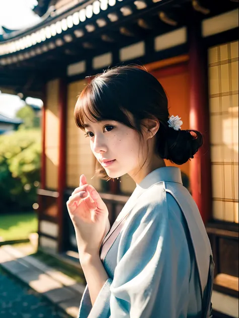 1girl,fullbody photo & standing,japanese,25old year,a little freckles,working at Traditional temple in japan,Traditional clothes,Proper body proportion,Super high-quality output images,hight resolution,Intricate details,Hair fluttering in a very delicate a...