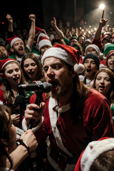 Santa Claus, screaming into microphone, surrounded by elves at a metalcore concert