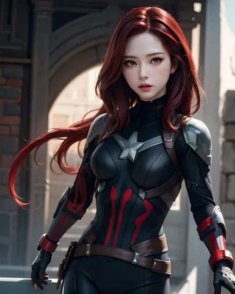 1girl, Masterpiece, Best Quality, 8K, detailed skin texture, detailed cloth texture, Beautiful Detail Face, intricate details, Ultra Detailed, Black Widow in the style of the Captain America, straight red hair, dynamicpose