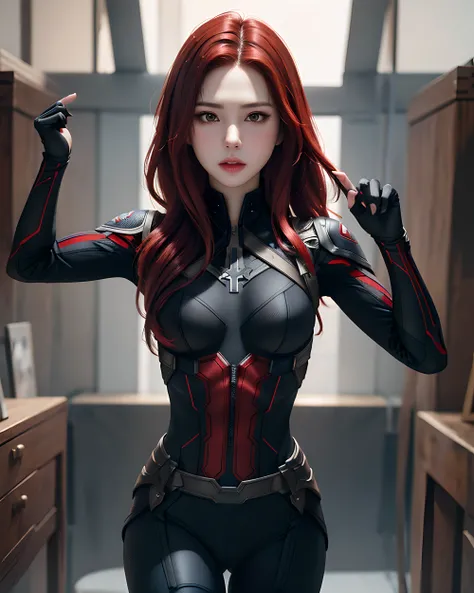 1girl, Masterpiece, Best Quality, 8K, detailed skin texture, detailed cloth texture, Beautiful Detail Face, intricate details, Ultra Detailed, Black Widow in the style of the Captain America, straight red hair, dynamicpose