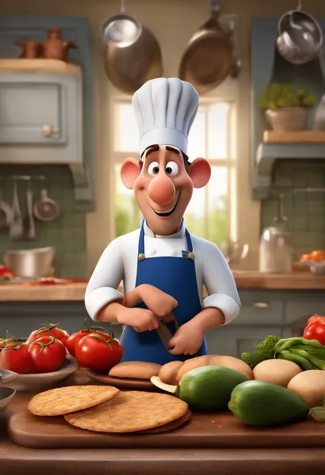 Disney and Pixar Inspired Movie Poster with Title "Ratatouille". Homem de cabelo e olhos castanhos escuros e barba, Making Burger in the Kitchen. A cena deve seguir o estilo de arte da Pixar, em 3d, Focus on Character Expressions, cores vibrantes, Detailed...