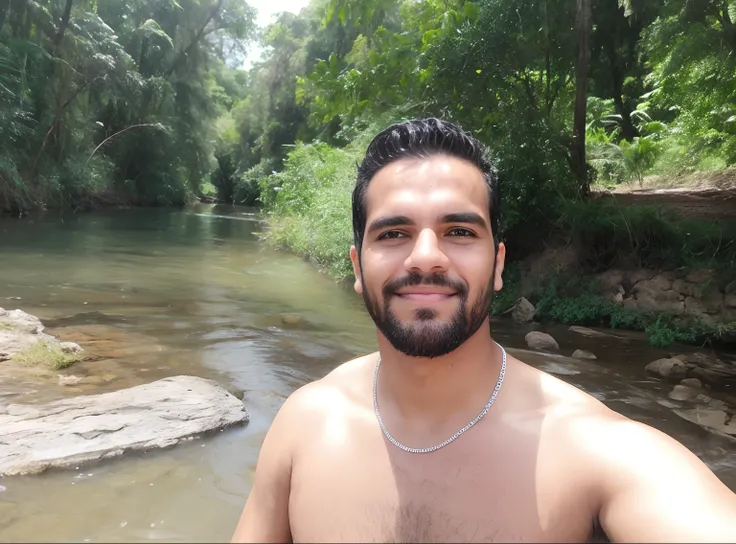 Theres a man standing in front of a river with a necklace, em um rio na selva, rio ao fundo, River in front of you, david rios ferreira, in the water, near a river, in water, Sentindo a Natureza, caio santos, in water! down to the shoulders, ao lado de um ...