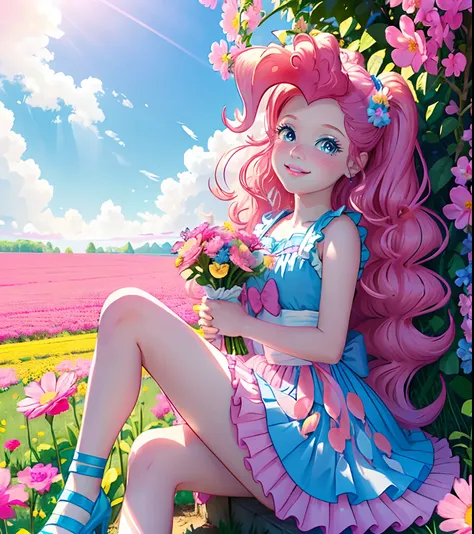 my little pony pinkie pie, pinkie pie, pinkie pie in the form of a girl, long dark pink hair, blue eyes, long pink and blue fril...