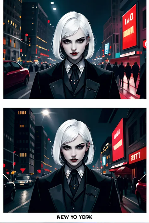 High Quality Art, ((l vampire)), bodyguard, The woman, Beautiful cute symmetrical face, strict, white colored hair, Piercing Mad Gaze, Black Eyes, overcoat, formal & business attire, closed mouth, black eyeliner, full lips, expressive eyes, big , hairstyle...