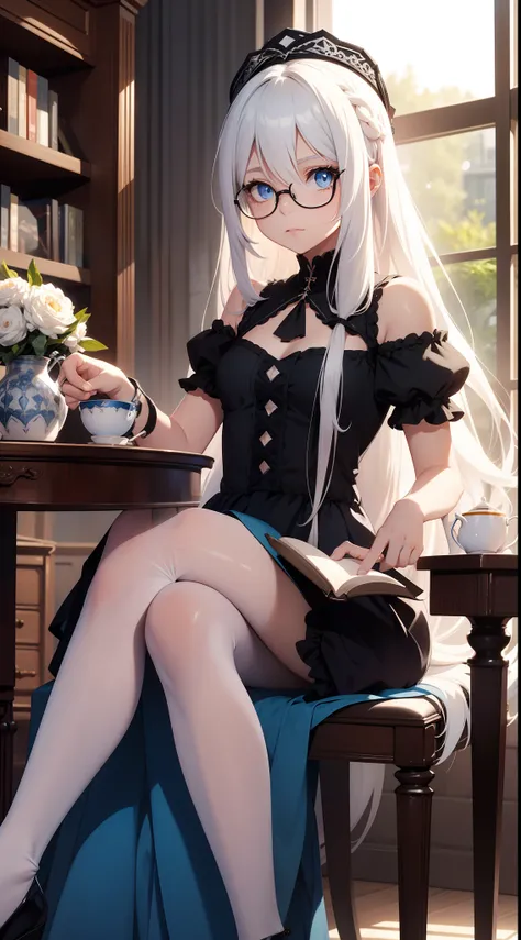 small girl, Long white hair, blue eyes, Black Stylish Glasses, blue dress, fluffy dress, short sleeves, open shoulders, book, sitting at a table, tea, Masterpiece, hiquality, 4k, HD, Good detail