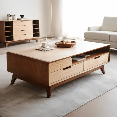 There is a coffee table，There was a bowl of bread on top, luxurious wooden coffee table, mid-century modern furniture, wooden coffee table, elegant furniture, placed in a large living room, elegant minimalism, placed in a living room, wood furnishings, min...