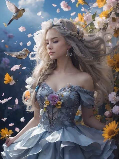 April small cute birds bring flowers and colorful feathers to her blonde/white braided hair, braided hair, bluebirds, hummingbirds, fluffy cumulus clouds, cumulonimbus, chickadees, goldfinch, swirling curling blonde/white hair, twirling, spiral, gyro, puff...