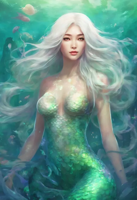 A mermaid with flowing white hair, in a sea of jellyfish, beautiful glowing green eyes, half Asian girl