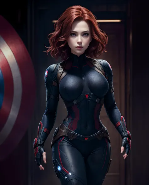 1girl, (NSFW),  Masterpiece, Best Quality, 8K, detailed skin texture, detailed cloth texture, Beautiful Detail Face, intricate details, Ultra Detailed, Black Widow in the style of the Captain America, straight red hair, sexypose, curved body, the gap betwe...