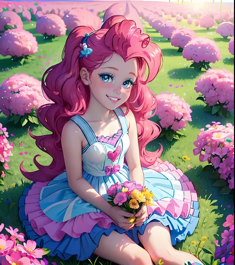 My little pony pinkie pie, pinkie pie, pinkie pie in the form of a girl, long dark pink hair, blue eyes, long pink and blue frilly dress, white frilly thigh high, small pink heels, blue sky, pink clouds, ((sitting in a pink and blue flower field)), staring...