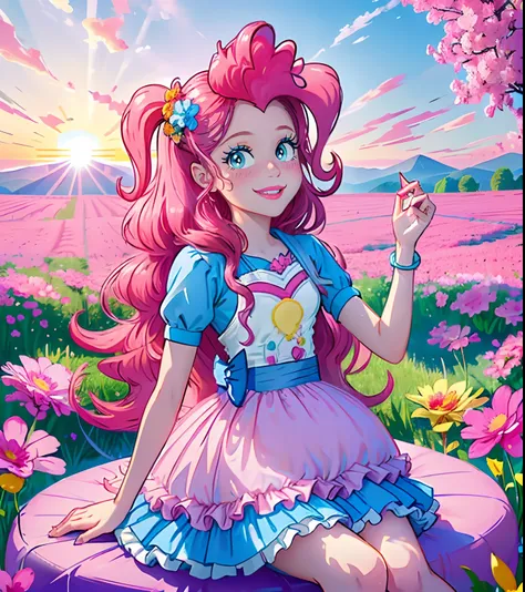 My little pony pinkie pie, pinkie pie, pinkie pie in the form of a girl, long dark pink hair, blue eyes, long pink and blue frilly dress, white frilly thigh high, small pink heels, blue sky, pink clouds, ((sitting in a pink and blue flower field)), staring...