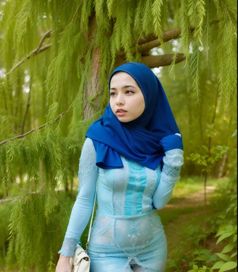 arafed woman in transparent blue dress standing under a tree, faridah malik, shawl, blue themed, sexy pose