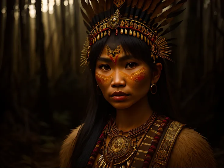 closeup award winning photo of  beautiful dayak tribes woman posing in a burning dark forest, look at a camera, (cinematic:1.5), epic realistic, hyperdetailed, insane details, intricate details, accent lighting, soft volumetric light, bokeh, (dramatic ligh...