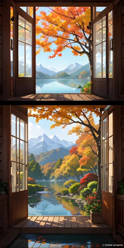 realisitic、a picture、landscapes、Glass greenhouse、botanical garden、Tropical flowers、Autumn outside、Idyllic lake in the background、Mountain of autumn leaves in the background