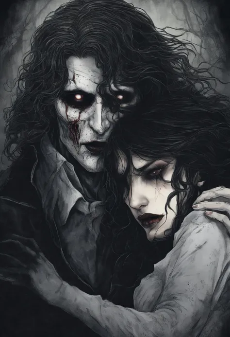 A European girl, long wavy black hair, holding a man with curly brown hair close, biting into his neck with vampire teeth