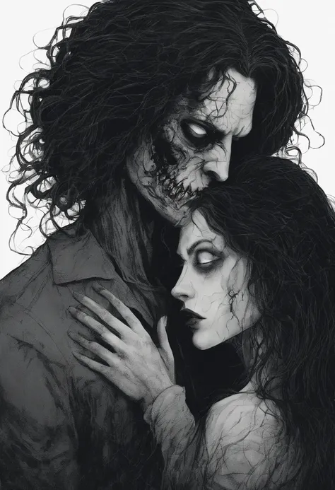 A European girl, long wavy black hair, holding a man with curly brown hair close, biting into his neck with vampire teeth