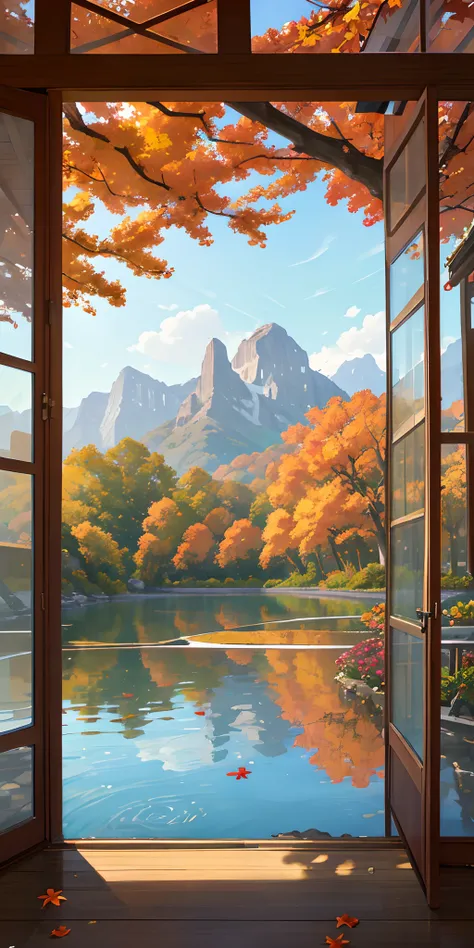 realisitic、a picture、landscapes、Glass greenhouse、botanical garden、Tropical flowers、Autumn outside、Idyllic lake in the background、Mountain of autumn leaves in the background