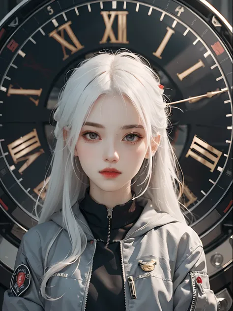 1girll, half red, half white hair, straight hair, clock, bomber planes, full bodyesbian, numbness