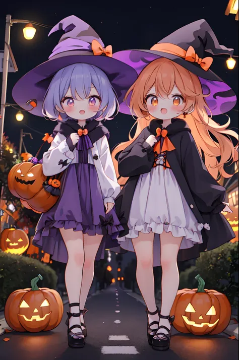 a couple of anime girls in witch costumes going trick or treating in the suburbs of america, the streets are full of halloween decorations and pumpkins with neon purple and orange lights, the setting is nightime on october 31st